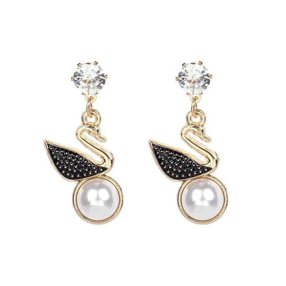 Swan Drop Earrings OS Gold White Faux Pearl CZ Pave‎ Dangle Chic Minimal Daily